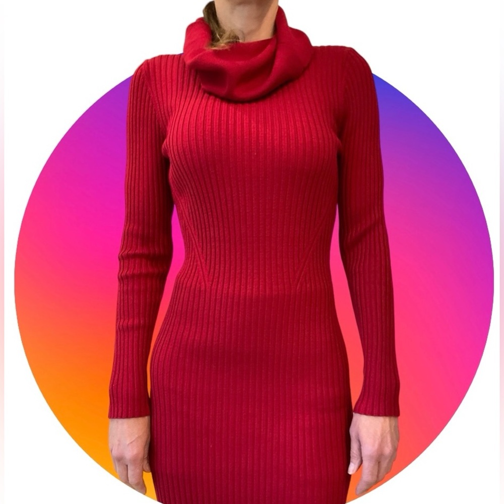 Valentine Red Sweater Dress Bodycon Fit Long Sleeve, Cow Neck, Short Length Sz S - Picture 7 of 11